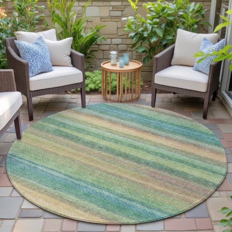 8' Artichoke Green Peach And Teal Blue Round Striped Washable Indoor Outdoor Area Rug