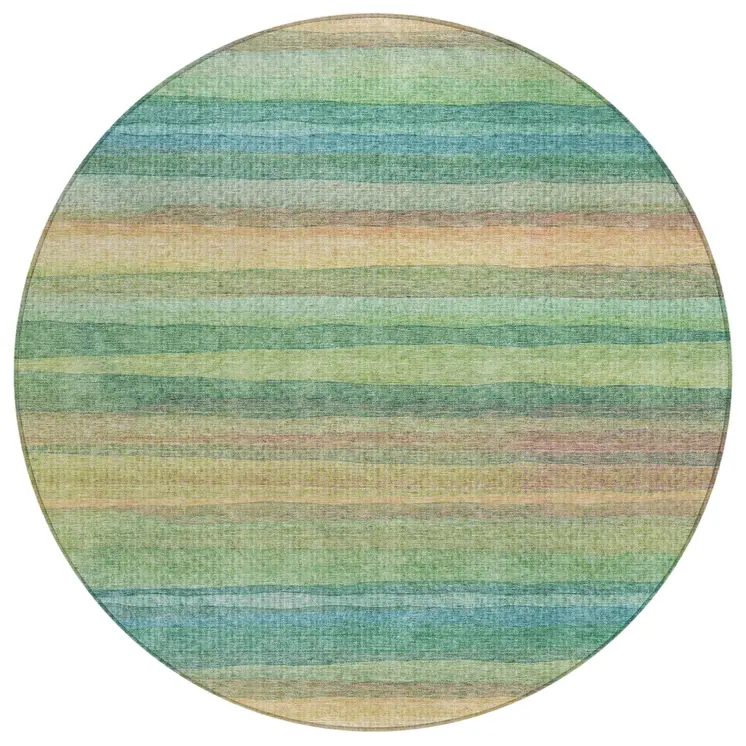 8' Artichoke Green Peach And Teal Blue Round Striped Washable Indoor Outdoor Area Rug