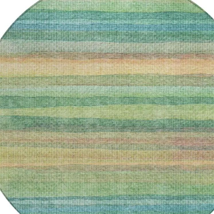 8' Artichoke Green Peach And Teal Blue Round Striped Washable Indoor Outdoor Area Rug