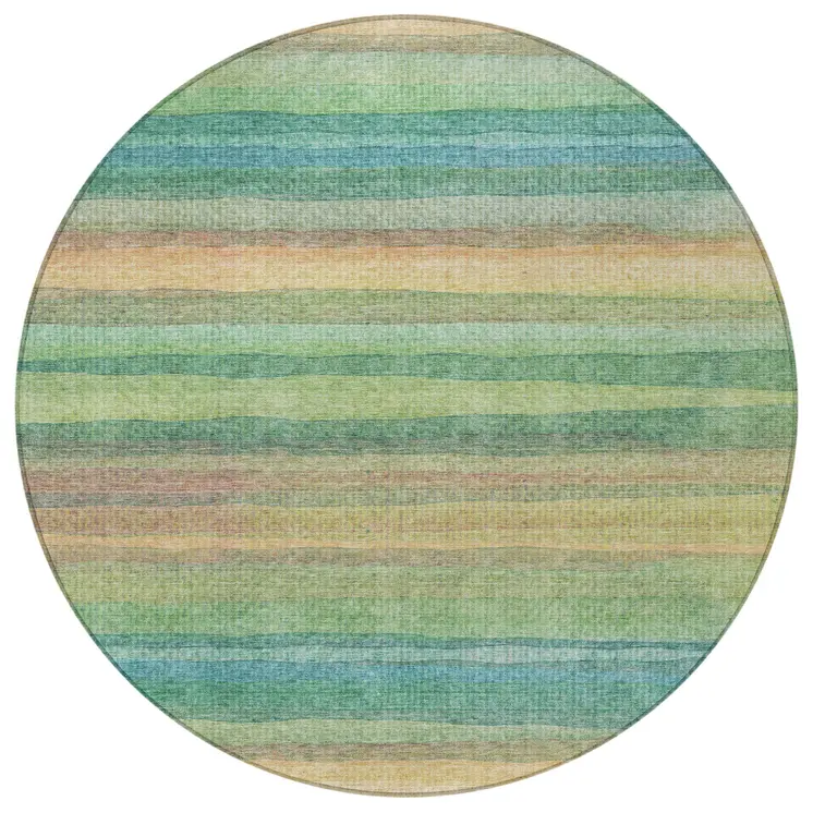 8' Artichoke Green Peach And Teal Blue Round Striped Washable Indoor Outdoor Area Rug