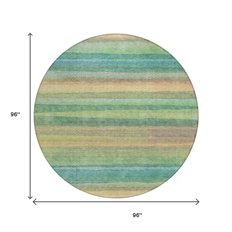 8' Artichoke Green Peach And Teal Blue Round Striped Washable Indoor Outdoor Area Rug
