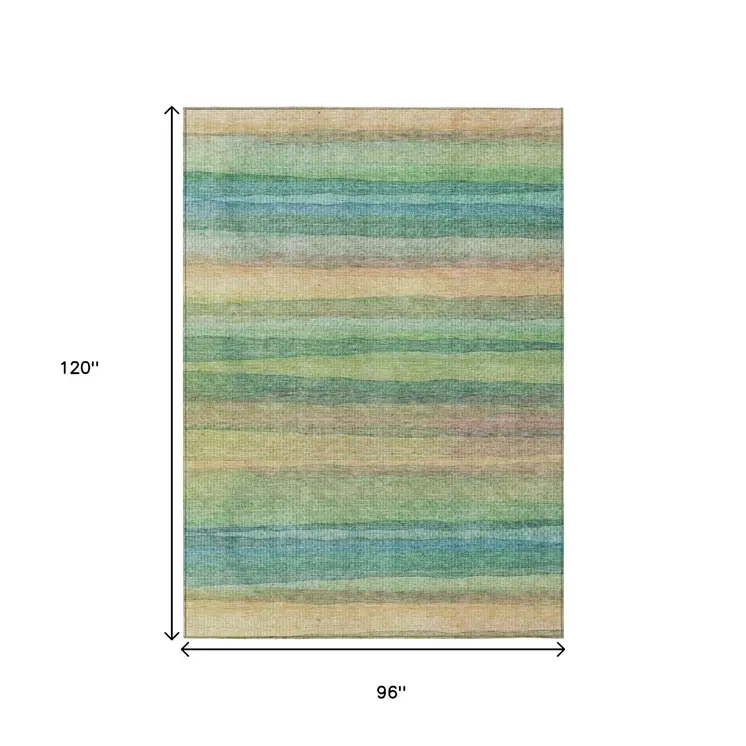 8' X 10' Artichoke Green Peach And Teal Blue Striped Washable Indoor Outdoor Area Rug