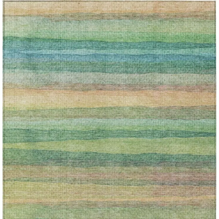 8' X 10' Artichoke Green Peach And Teal Blue Striped Washable Indoor Outdoor Area Rug
