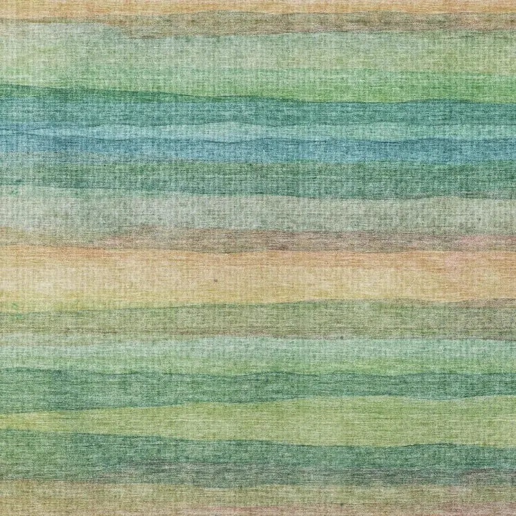 8' X 10' Artichoke Green Peach And Teal Blue Striped Washable Indoor Outdoor Area Rug