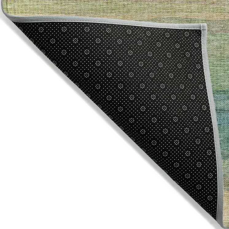 8' X 10' Artichoke Green Peach And Teal Blue Striped Washable Indoor Outdoor Area Rug
