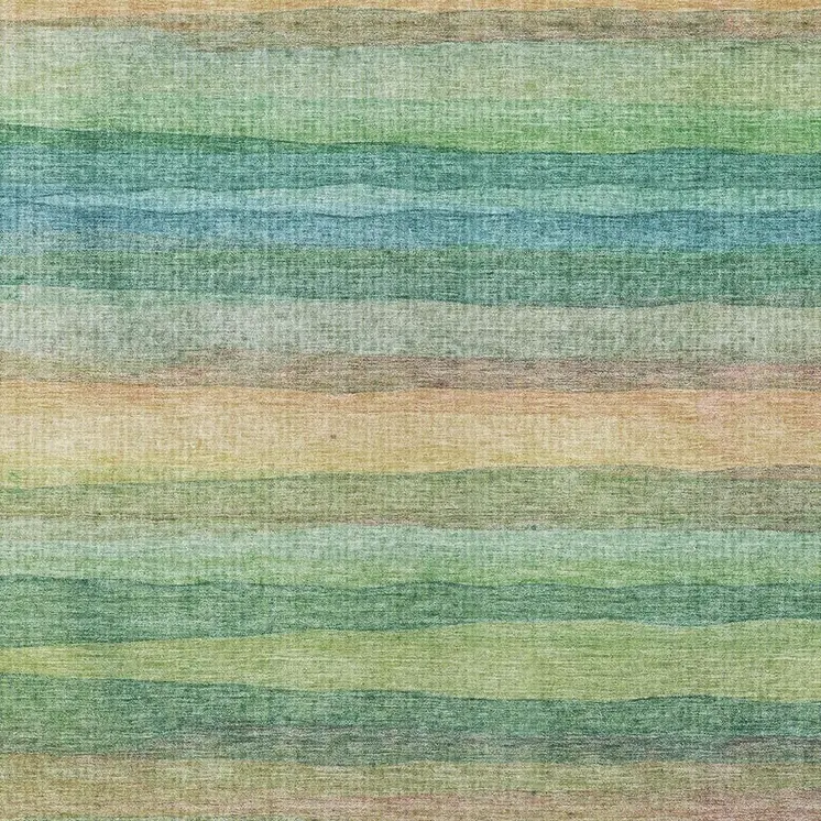 9' X 12' Artichoke Green Peach And Teal Blue Striped Washable Indoor Outdoor Area Rug