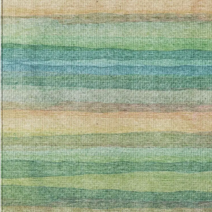 9' X 12' Artichoke Green Peach And Teal Blue Striped Washable Indoor Outdoor Area Rug