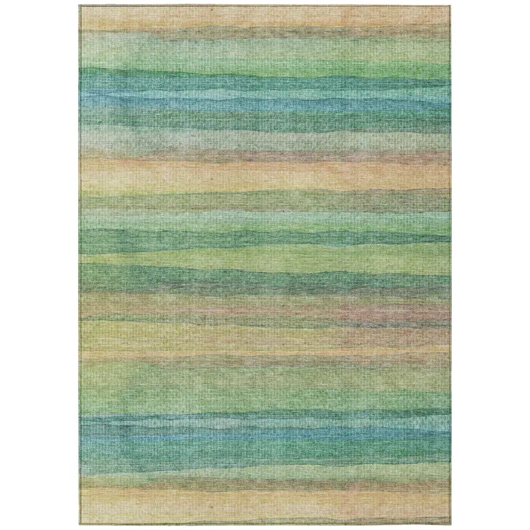 9' X 12' Artichoke Green Peach And Teal Blue Striped Washable Indoor Outdoor Area Rug