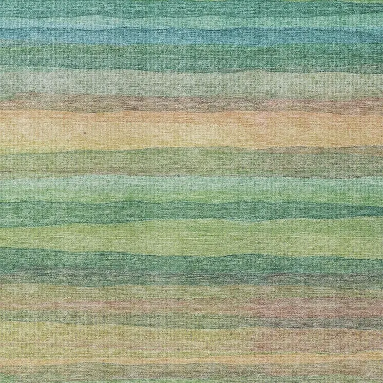 10' X 14' Artichoke Green Peach And Teal Blue Striped Washable Indoor Outdoor Area Rug