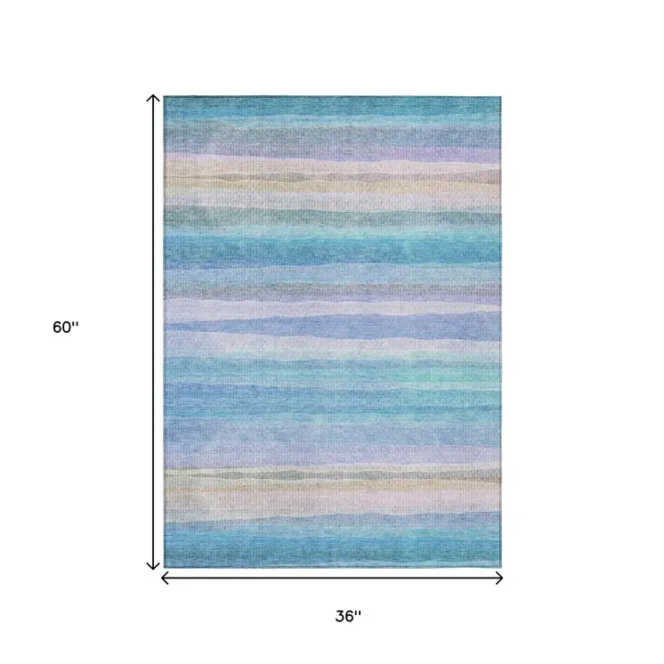 3' X 5' Aqua Lavender And Peach Striped Washable Indoor Outdoor Area Rug