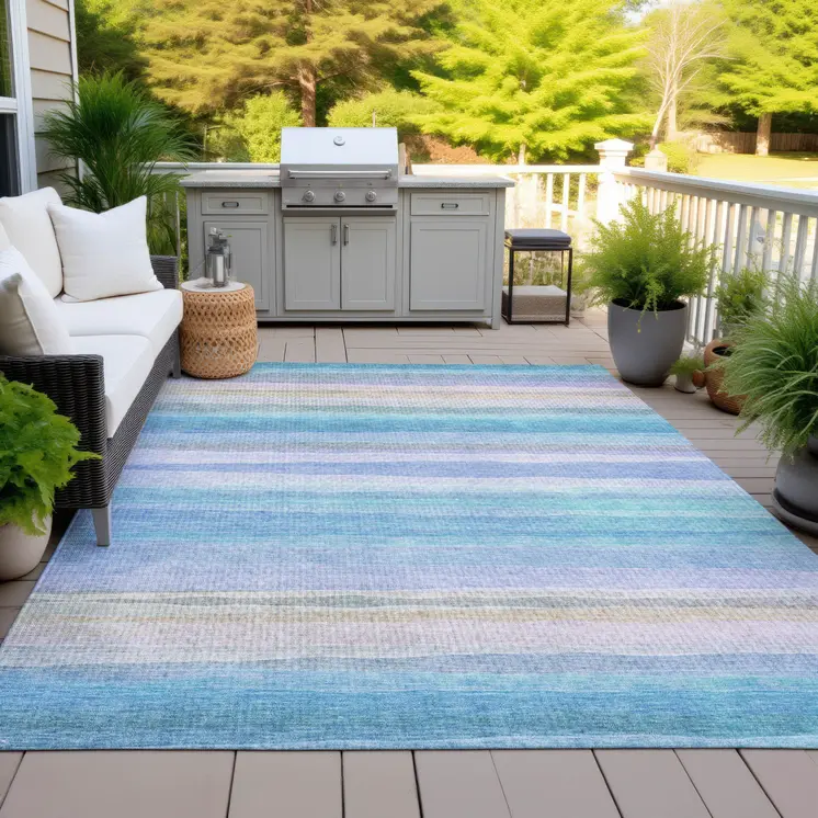 3' X 5' Aqua Lavender And Peach Striped Washable Indoor Outdoor Area Rug