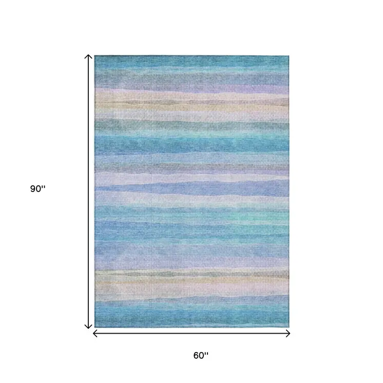 5' X 8' Aqua Lavender And Peach Striped Washable Indoor Outdoor Area Rug