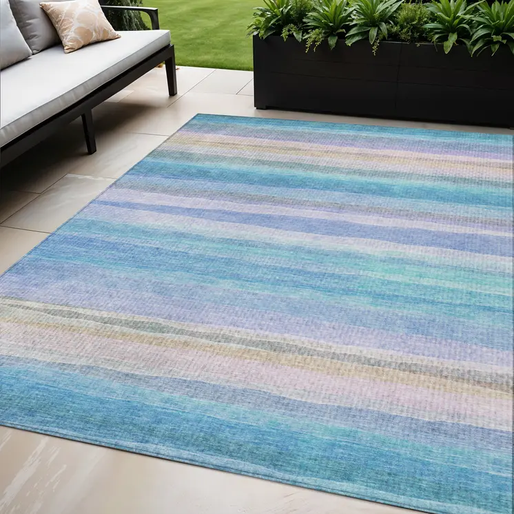 5' X 8' Aqua Lavender And Peach Striped Washable Indoor Outdoor Area Rug