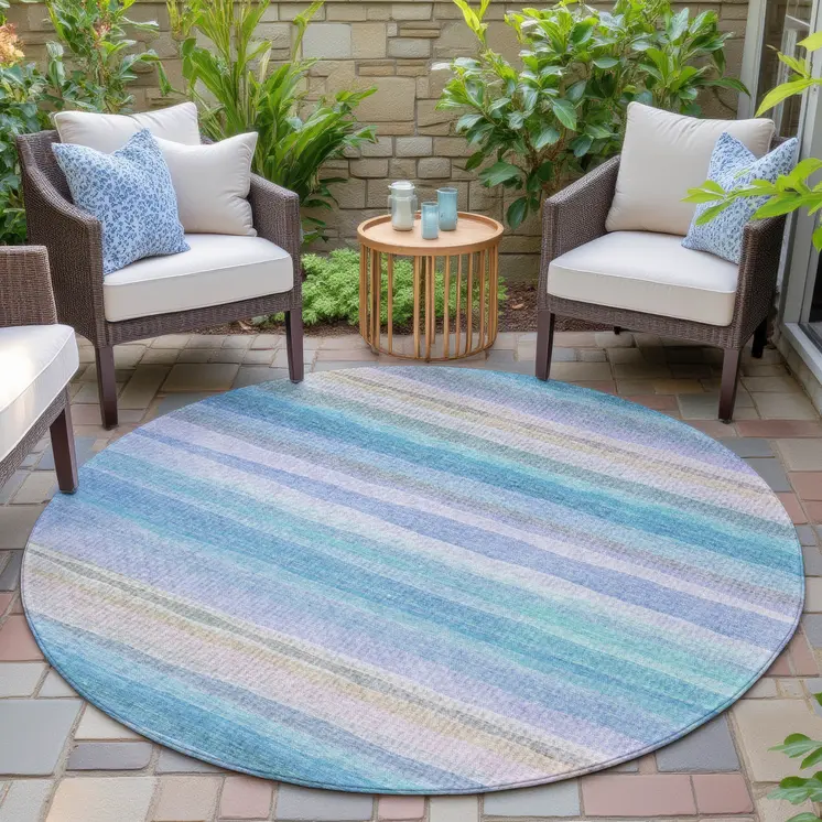 8' Aqua Lavender And Peach Round Striped Washable Indoor Outdoor Area Rug