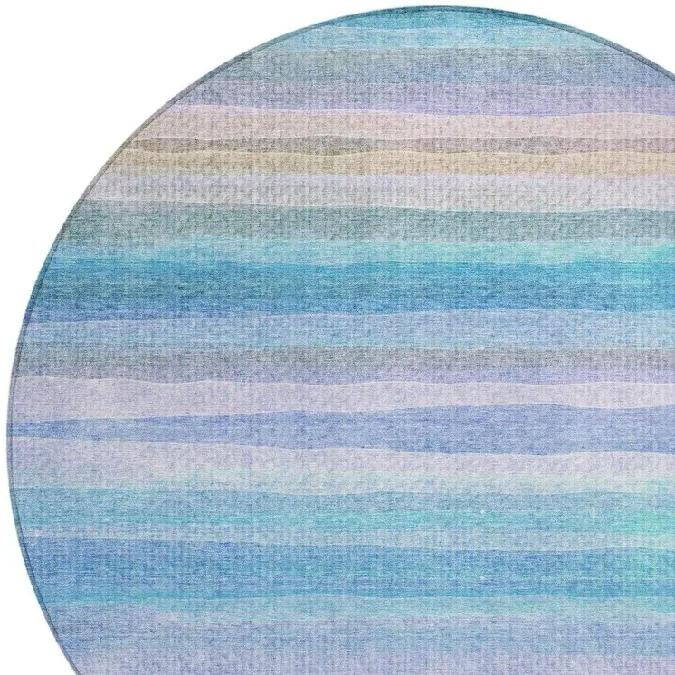 8' Aqua Lavender And Peach Round Striped Washable Indoor Outdoor Area Rug