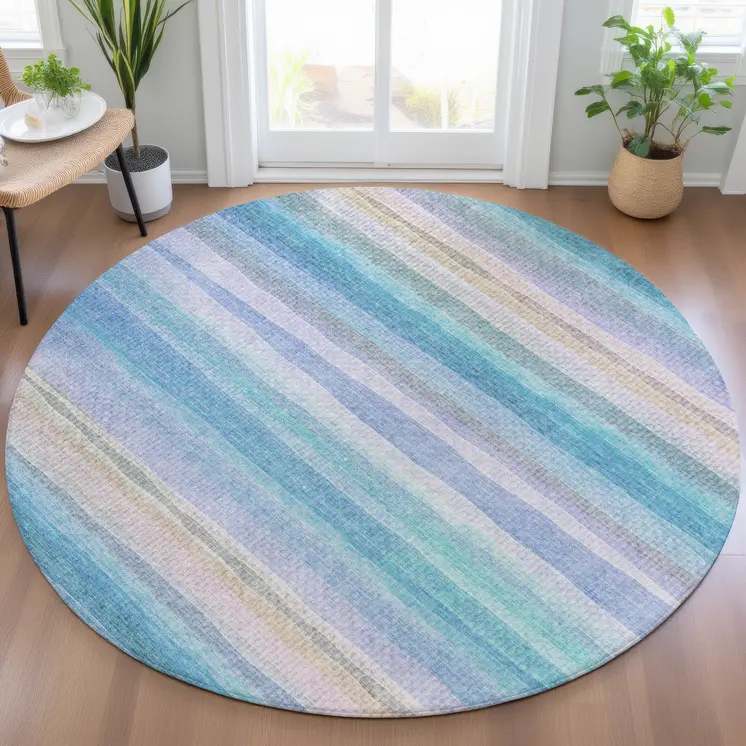 8' Aqua Lavender And Peach Round Striped Washable Indoor Outdoor Area Rug