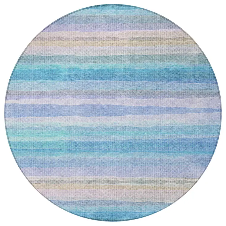 8' Aqua Lavender And Peach Round Striped Washable Indoor Outdoor Area Rug