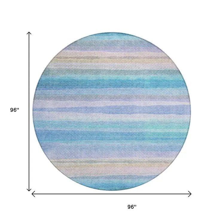 8' Aqua Lavender And Peach Round Striped Washable Indoor Outdoor Area Rug