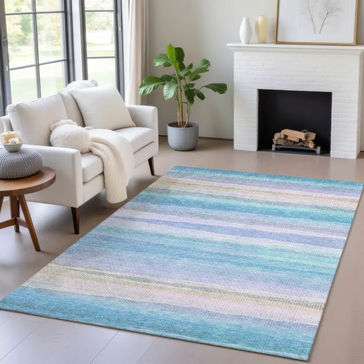 8' X 10' Aqua Lavender And Peach Striped Washable Indoor Outdoor Area Rug