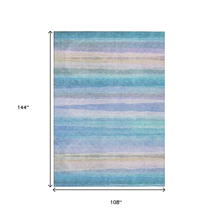 9' X 12' Aqua Lavender And Peach Striped Washable Indoor Outdoor Area Rug