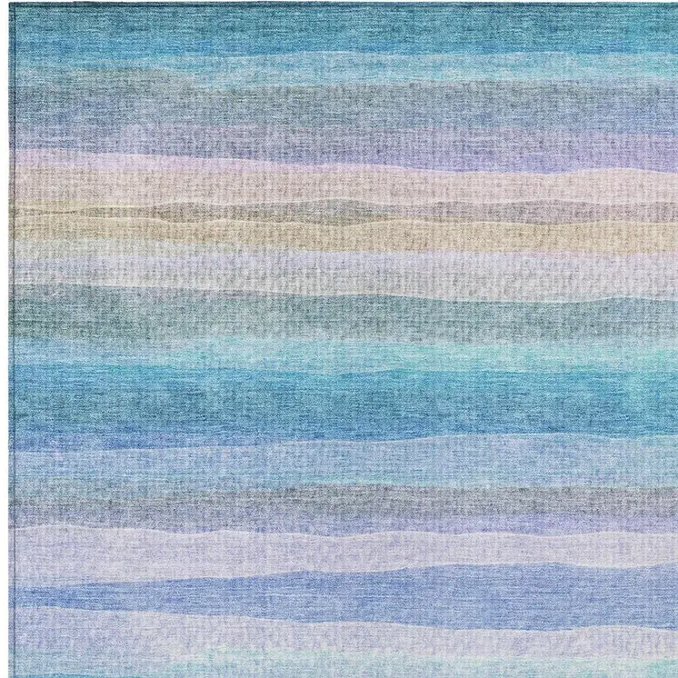 9' X 12' Aqua Lavender And Peach Striped Washable Indoor Outdoor Area Rug