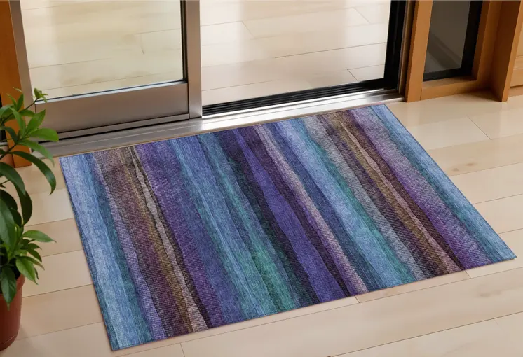 3' X 5' Blue Purple And Taupe Striped Washable Indoor Outdoor Area Rug