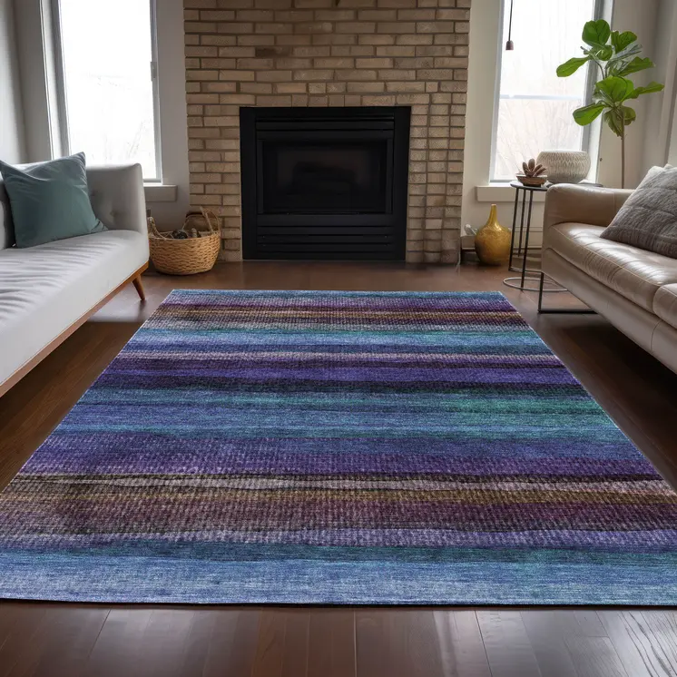 3' X 5' Blue Purple And Taupe Striped Washable Indoor Outdoor Area Rug