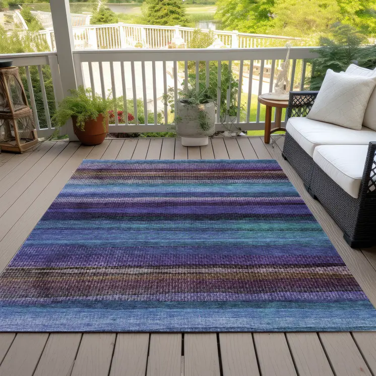 3' X 5' Blue Purple And Taupe Striped Washable Indoor Outdoor Area Rug