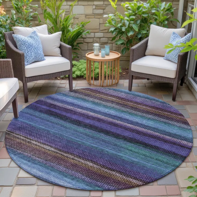 8' Blue Purple And Taupe Round Striped Washable Indoor Outdoor Area Rug
