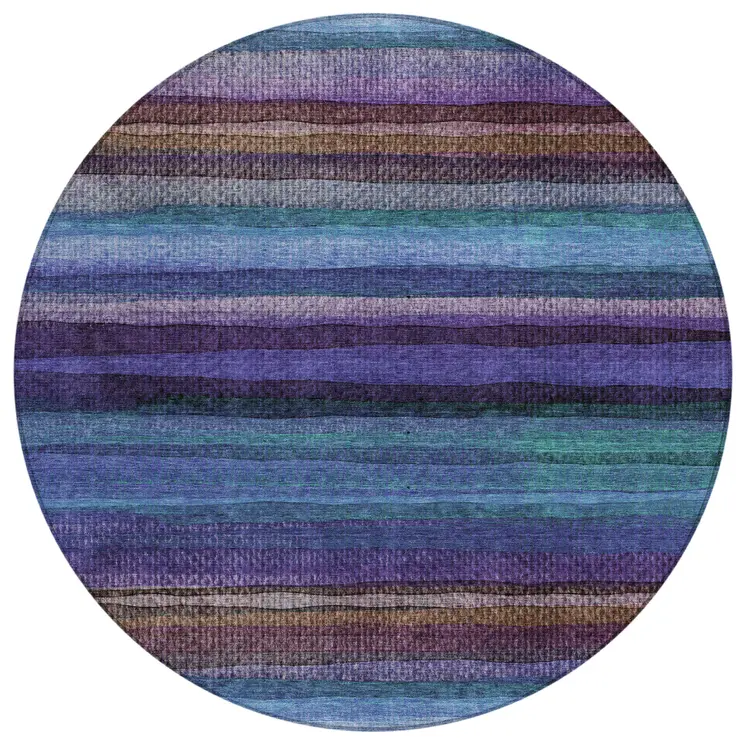 8' Blue Purple And Taupe Round Striped Washable Indoor Outdoor Area Rug