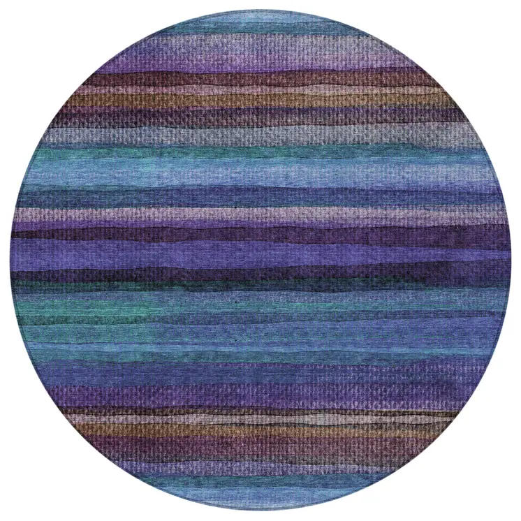 8' Blue Purple And Taupe Round Striped Washable Indoor Outdoor Area Rug