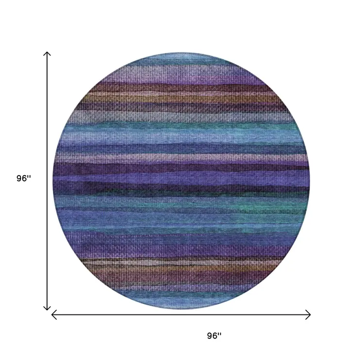 8' Blue Purple And Taupe Round Striped Washable Indoor Outdoor Area Rug
