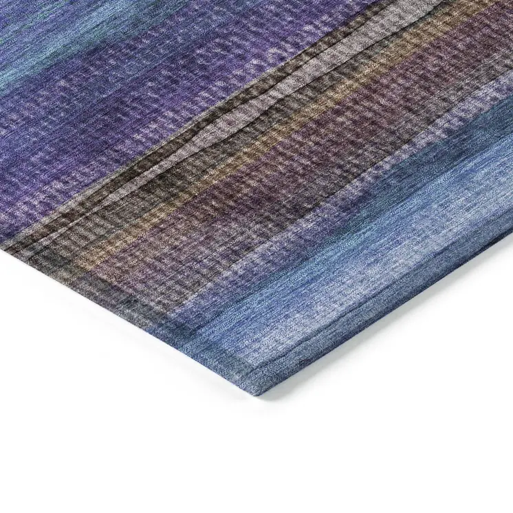 8' X 10' Blue Purple And Taupe Striped Washable Indoor Outdoor Area Rug