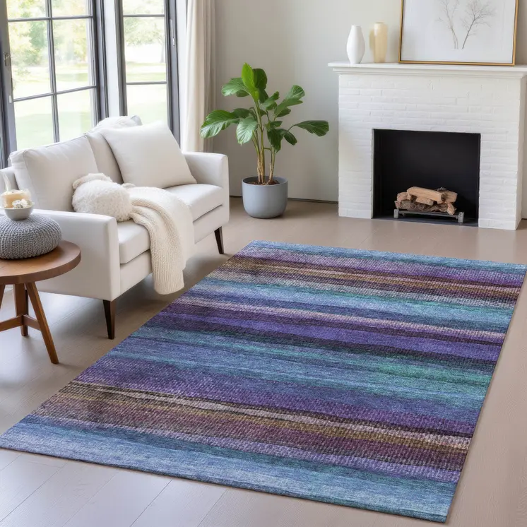 8' X 10' Blue Purple And Taupe Striped Washable Indoor Outdoor Area Rug