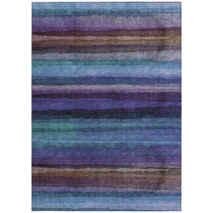 9' X 12' Blue Purple And Taupe Striped Washable Indoor Outdoor Area Rug