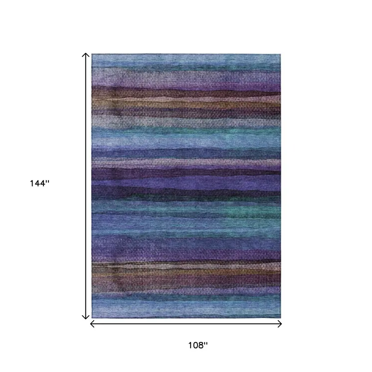 9' X 12' Blue Purple And Taupe Striped Washable Indoor Outdoor Area Rug