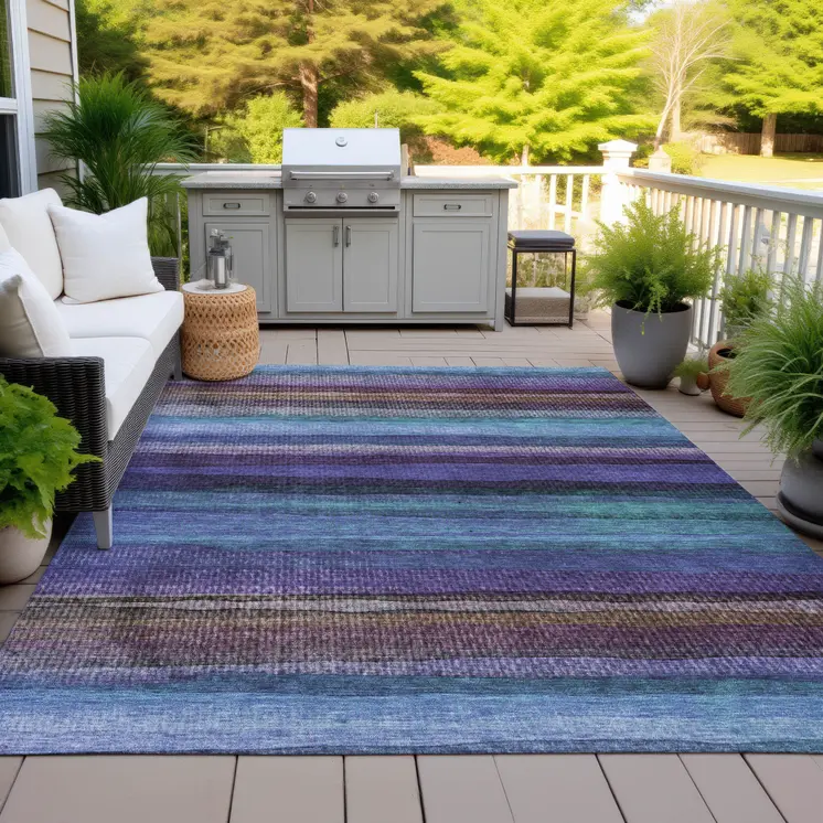 9' X 12' Blue Purple And Taupe Striped Washable Indoor Outdoor Area Rug