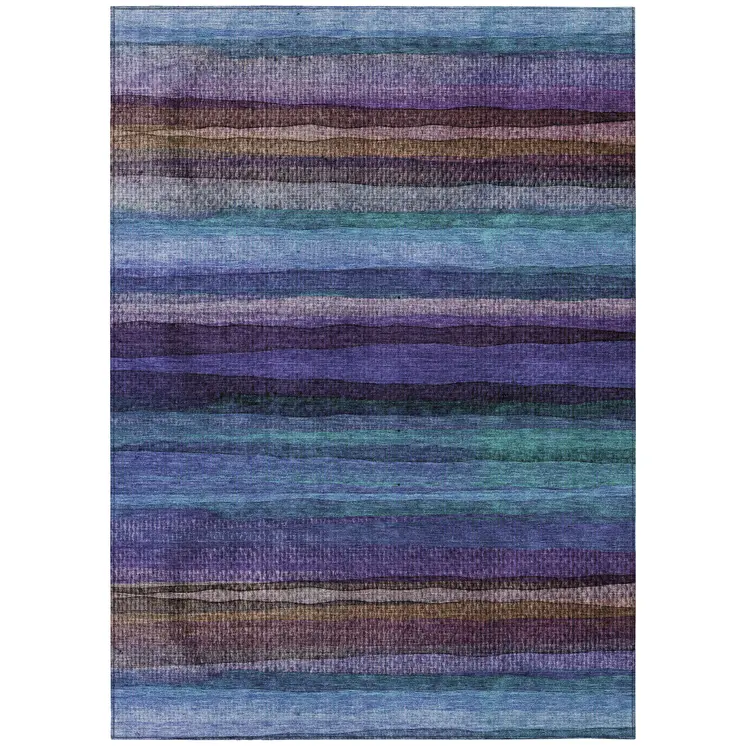 9' X 12' Blue Purple And Taupe Striped Washable Indoor Outdoor Area Rug