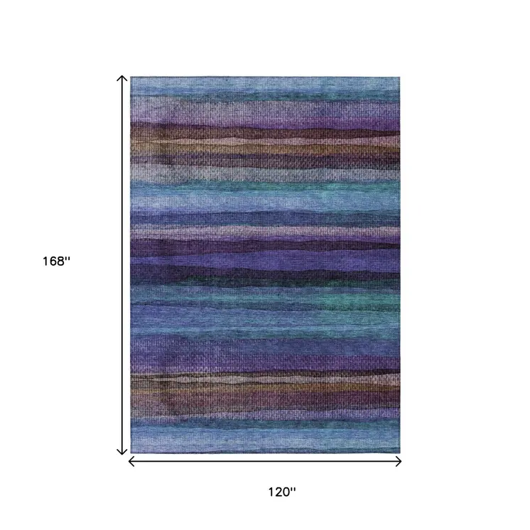 10' X 14' Blue Purple And Taupe Striped Washable Indoor Outdoor Area Rug