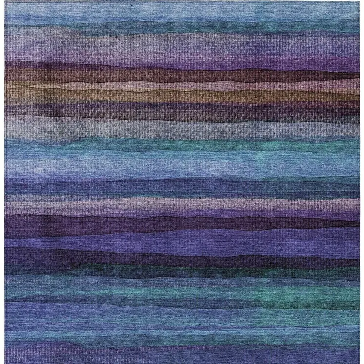 10' X 14' Blue Purple And Taupe Striped Washable Indoor Outdoor Area Rug