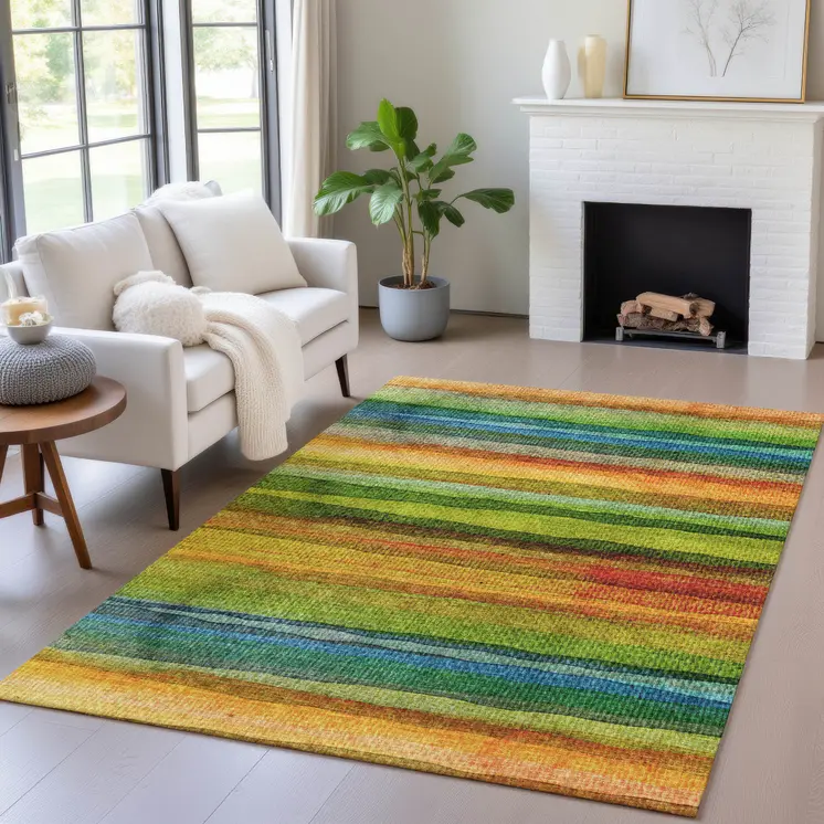 3' X 5' Green Teal Blue And Copper Striped Washable Indoor Outdoor Area Rug