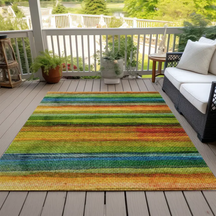 3' X 5' Green Teal Blue And Copper Striped Washable Indoor Outdoor Area Rug