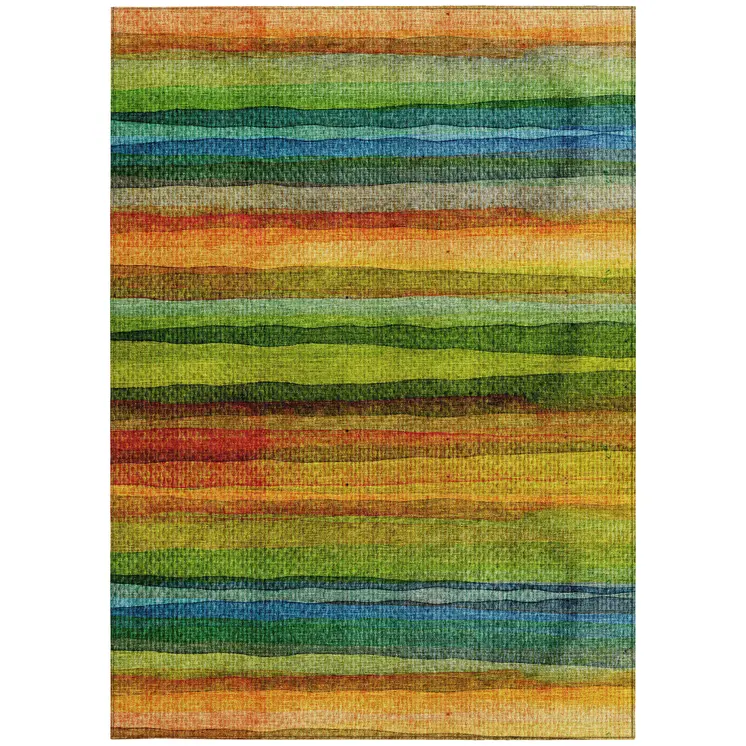 5' X 8' Green Teal Blue And Copper Striped Washable Indoor Outdoor Area Rug