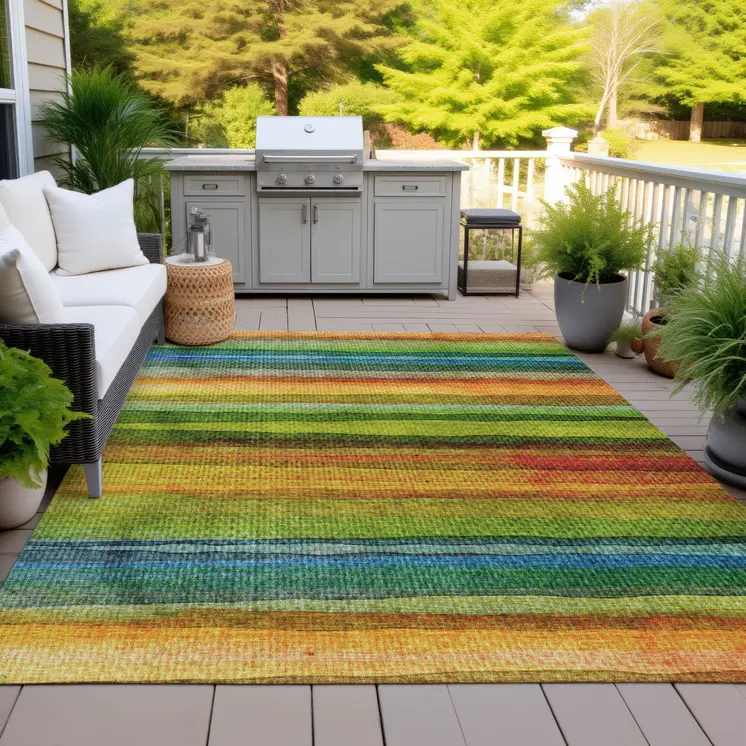 5' X 8' Green Teal Blue And Copper Striped Washable Indoor Outdoor Area Rug