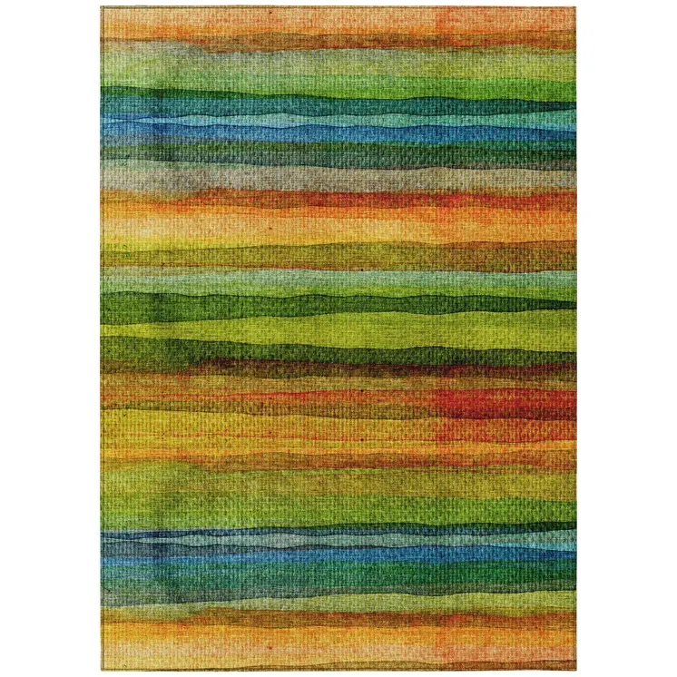 5' X 8' Green Teal Blue And Copper Striped Washable Indoor Outdoor Area Rug