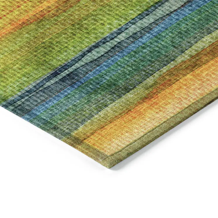 5' X 8' Green Teal Blue And Copper Striped Washable Indoor Outdoor Area Rug