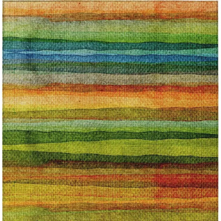 5' X 8' Green Teal Blue And Copper Striped Washable Indoor Outdoor Area Rug