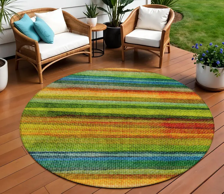 8' Green Teal Blue And Copper Round Striped Washable Indoor Outdoor Area Rug