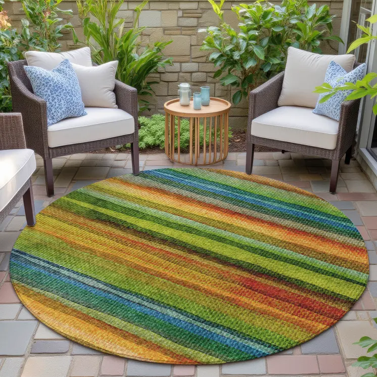 8' Green Teal Blue And Copper Round Striped Washable Indoor Outdoor Area Rug