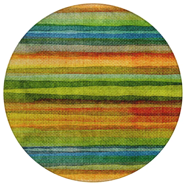 8' Green Teal Blue And Copper Round Striped Washable Indoor Outdoor Area Rug
